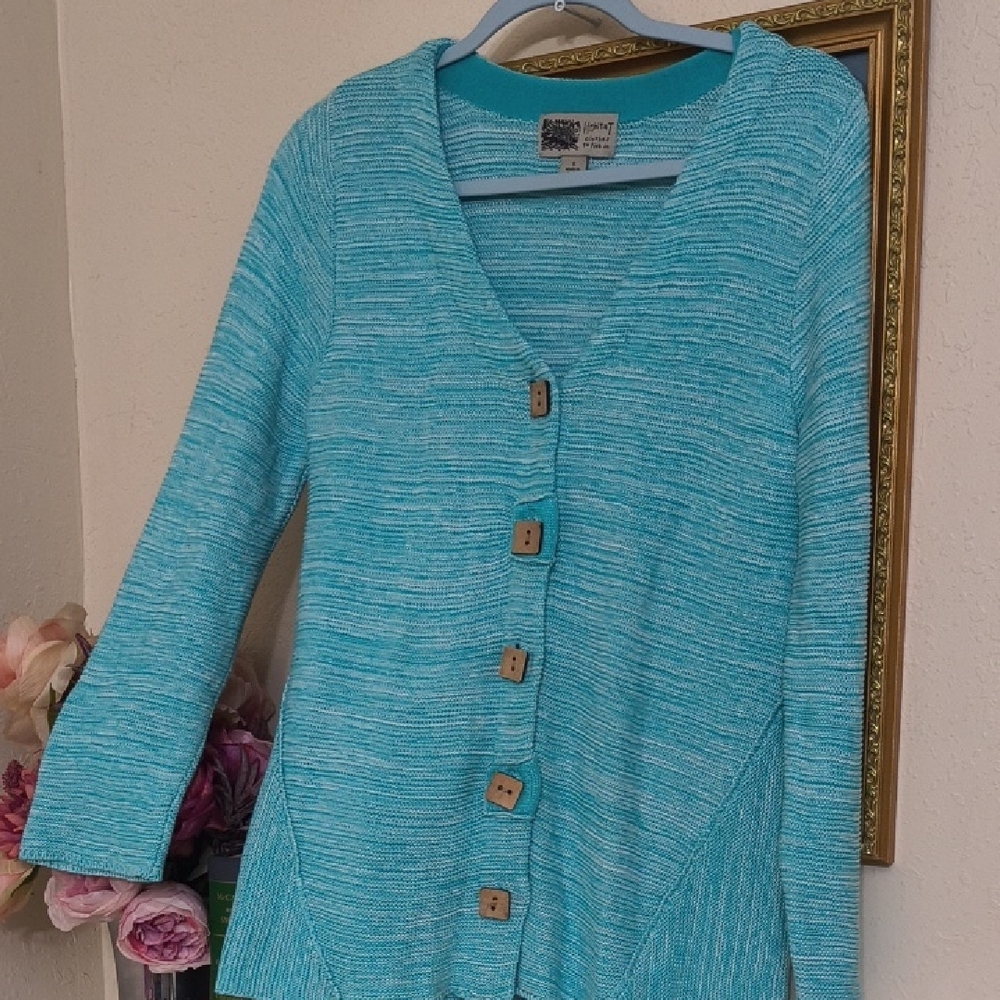 Habitat Turquoise Cardigan with Wooden Buttons Natural Materials Cozy Boho - Picture 5 of 15